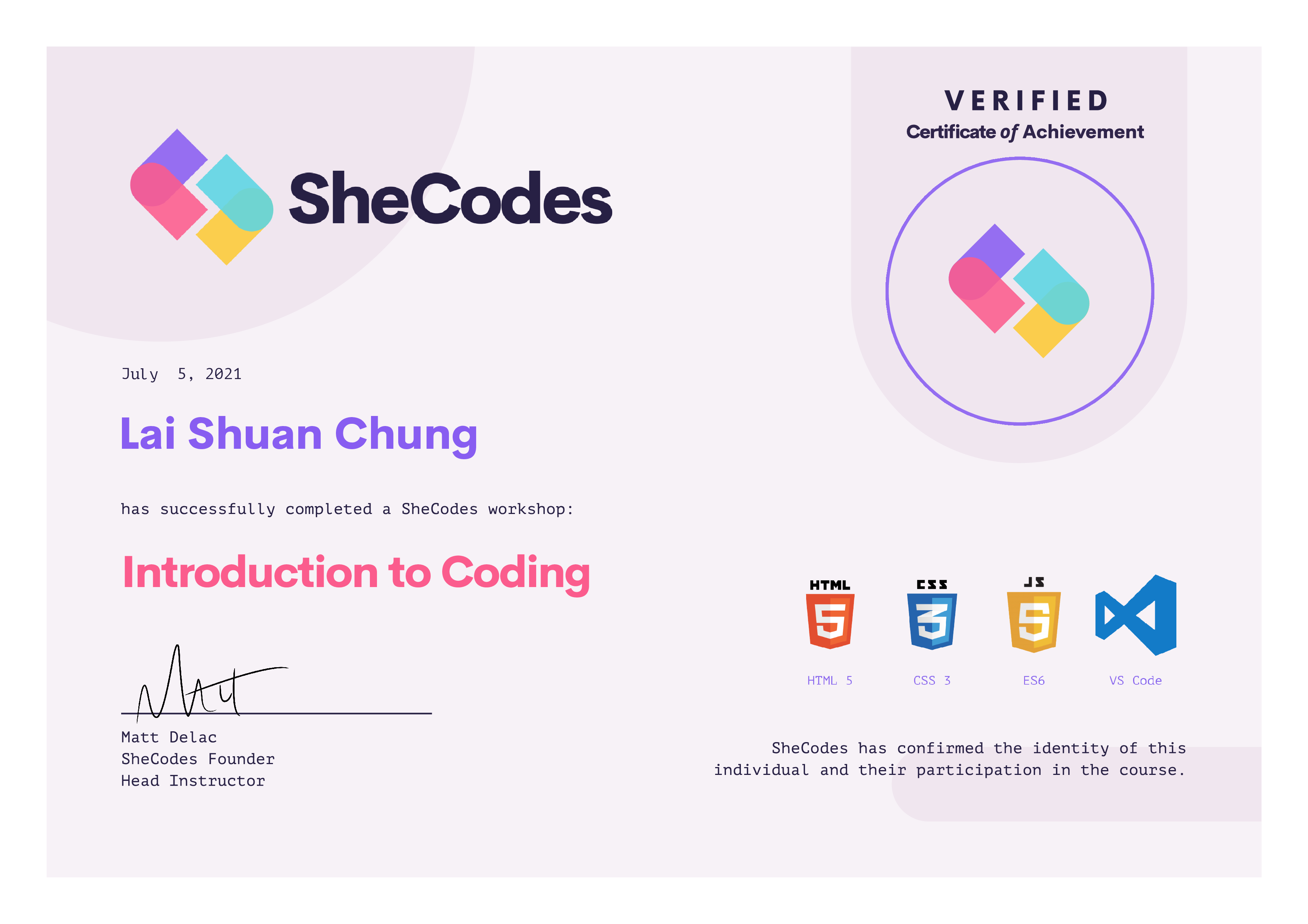 SheCodes Basics Certification